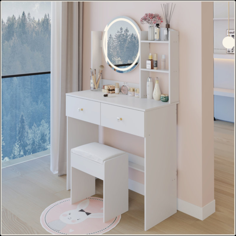 17" Round LED Mirror Vanity Table + Soft Cushion Stool Suit, Large Mirror, Touch Switch, 3 Colors, Adjustable Brightness, Large Desktop, Multi-Layer High Capacity Storage, Suitable For Small Space