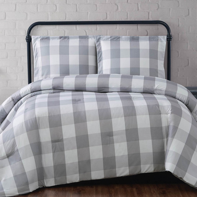 Buffalo Plaid Microfiber Comforter Set, King Comforter + 2 Shams, Gray Plaid