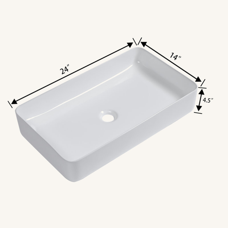 Évier vasque en céramique blanche moderne de 24 po x 14 po d'inspiration européenne - rectangulaire au-dessus du comptoir et résistant aux taches