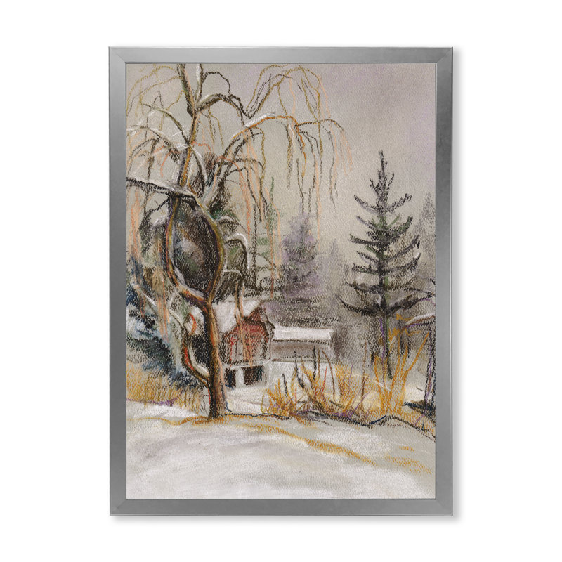 Winter Village Landscape II - peinture, H 12 po x l 8 po x P 1 po, Cadre photo argenté