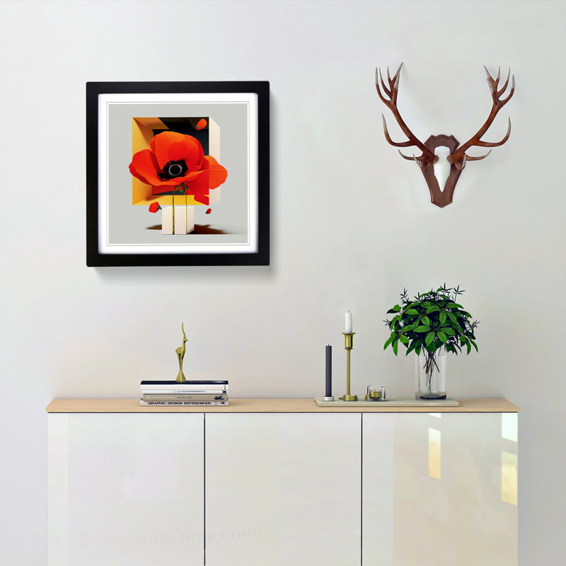 Poppy Flower Suprematism - Single Picture Frame Print on Wood, Black