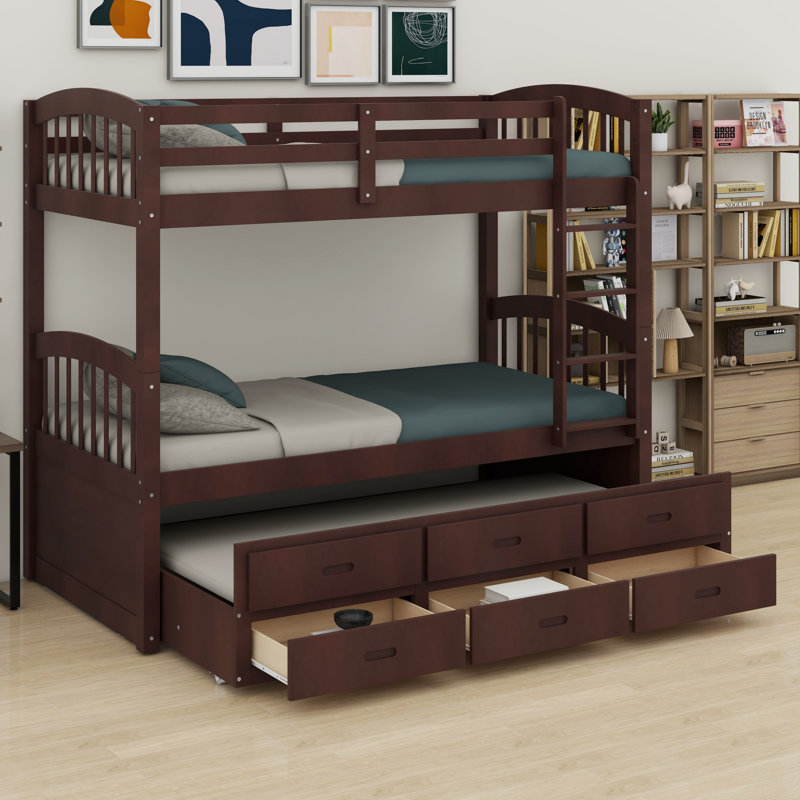 Wood Bunk Bed With Trundle And Drawers, Espresso