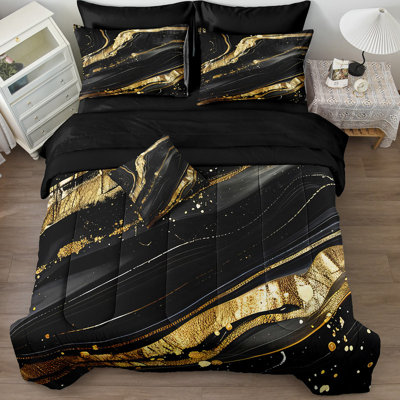 Black Marble Comforter Set Queen Size 8 Pieces Bed in a Bag 100% Soft Microfiber Lightweight and Breathable Metallic Marble Bedding Set for Modern Bedroom