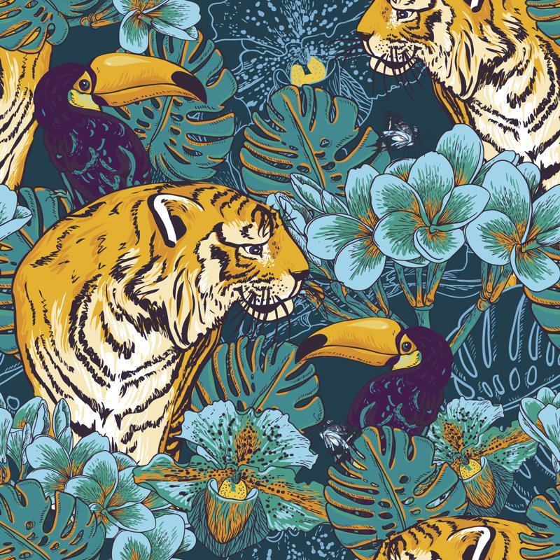 Bischoffs Tropical Background With Tiger - Wrapped Canvas Print, 30cm H x 30cm W x 3.8cm D