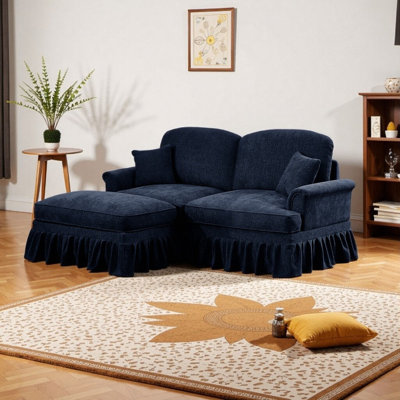 Modular L-Shaped Two-Seater Sectional Sofa with Flared Arms Removable Skirting Ottoman & Spindle Legs 91x63x35