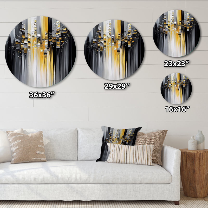 Abstrait géométrique noir et jaune I - Art abstrait rond en métal, H 36 po x l 36 po x P 1 po