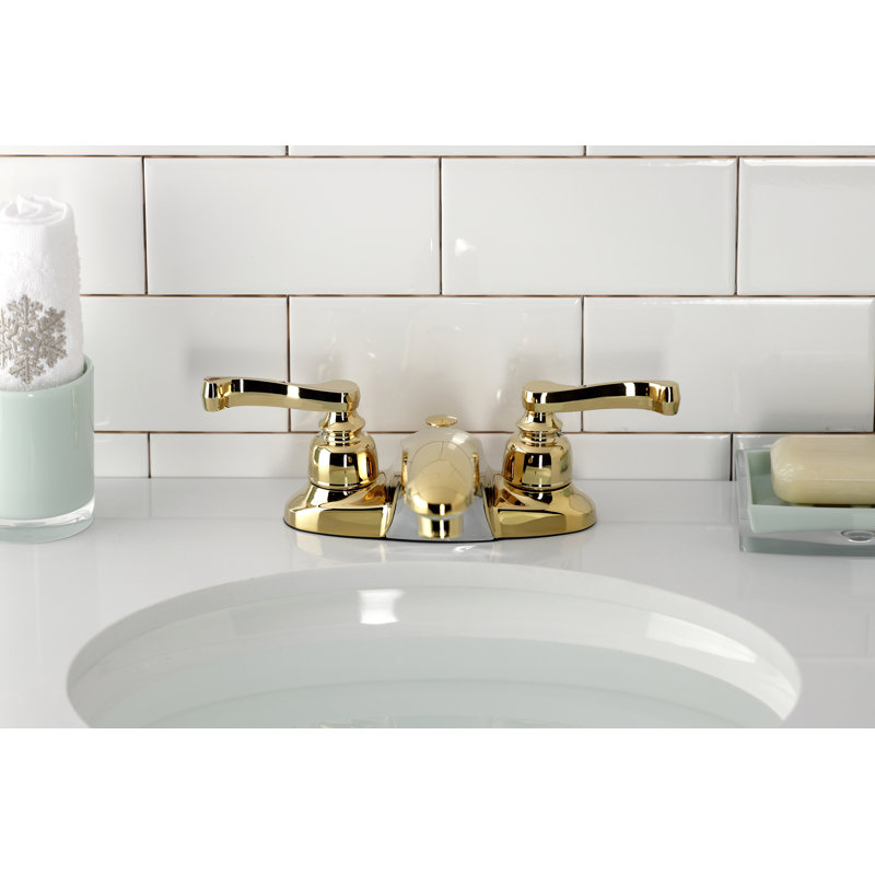 Kingston Brass Royale Two-Handle 3-Hole Deck Mount 4" Centerset Bathroom Faucet with Plastic Pop-Up, Polished Brass