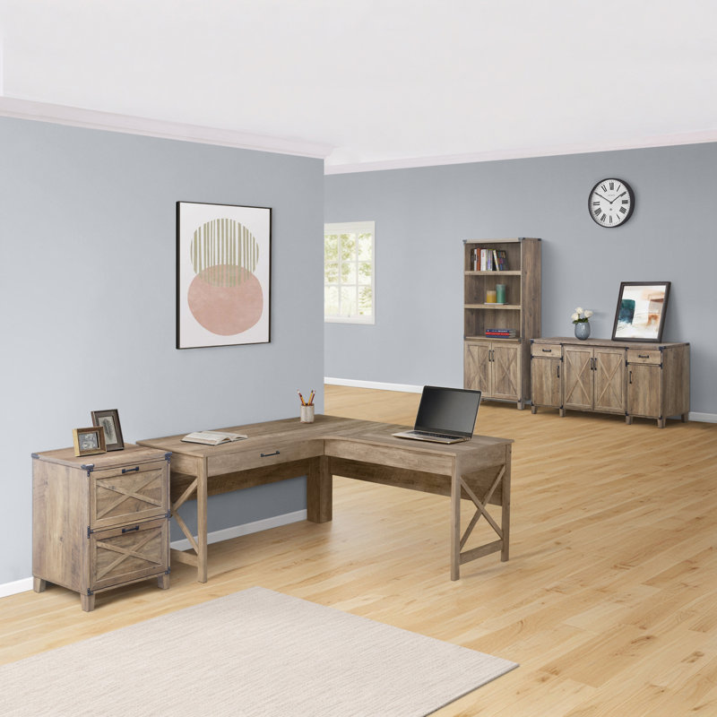 Coble 4 Piece Farmhouse Wood L-Shaped Desk Office Set - Rustic Oak