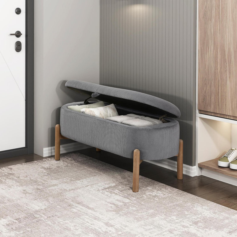 Banc de rangement avec assise rembourrée en velours côtelé gris et pieds en bois massif, Gris