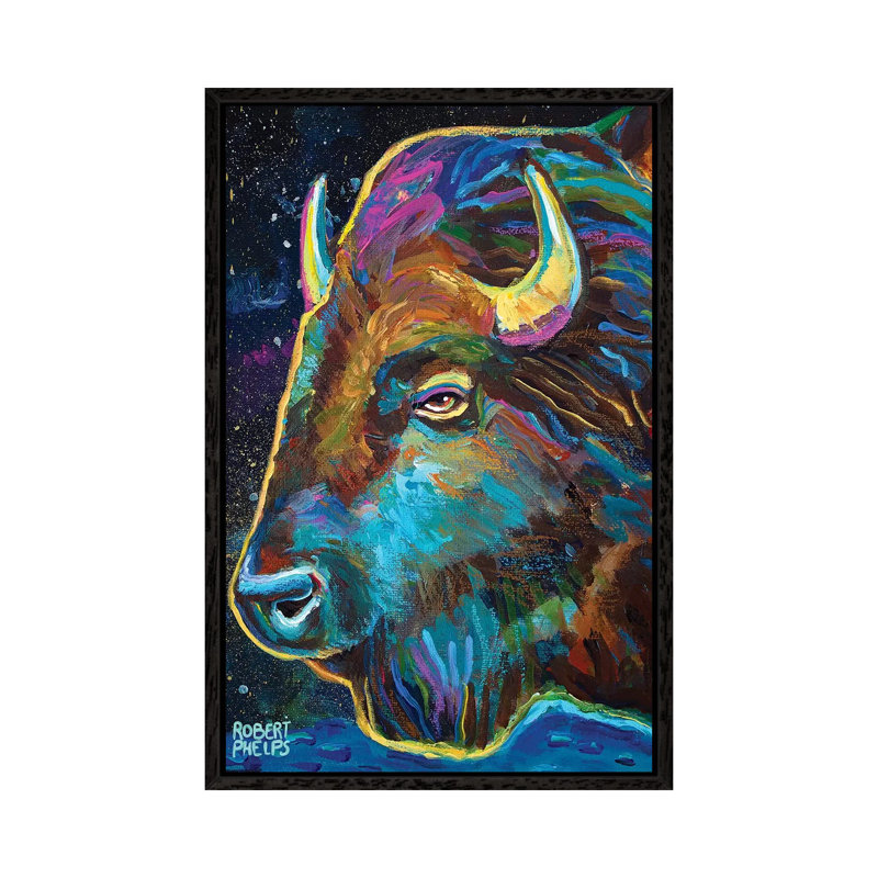 Galactic Buffalo 1 Piece Painting on Canvas, 101.6cm H x 66.04cm W x 3.81cm D, Black Framed