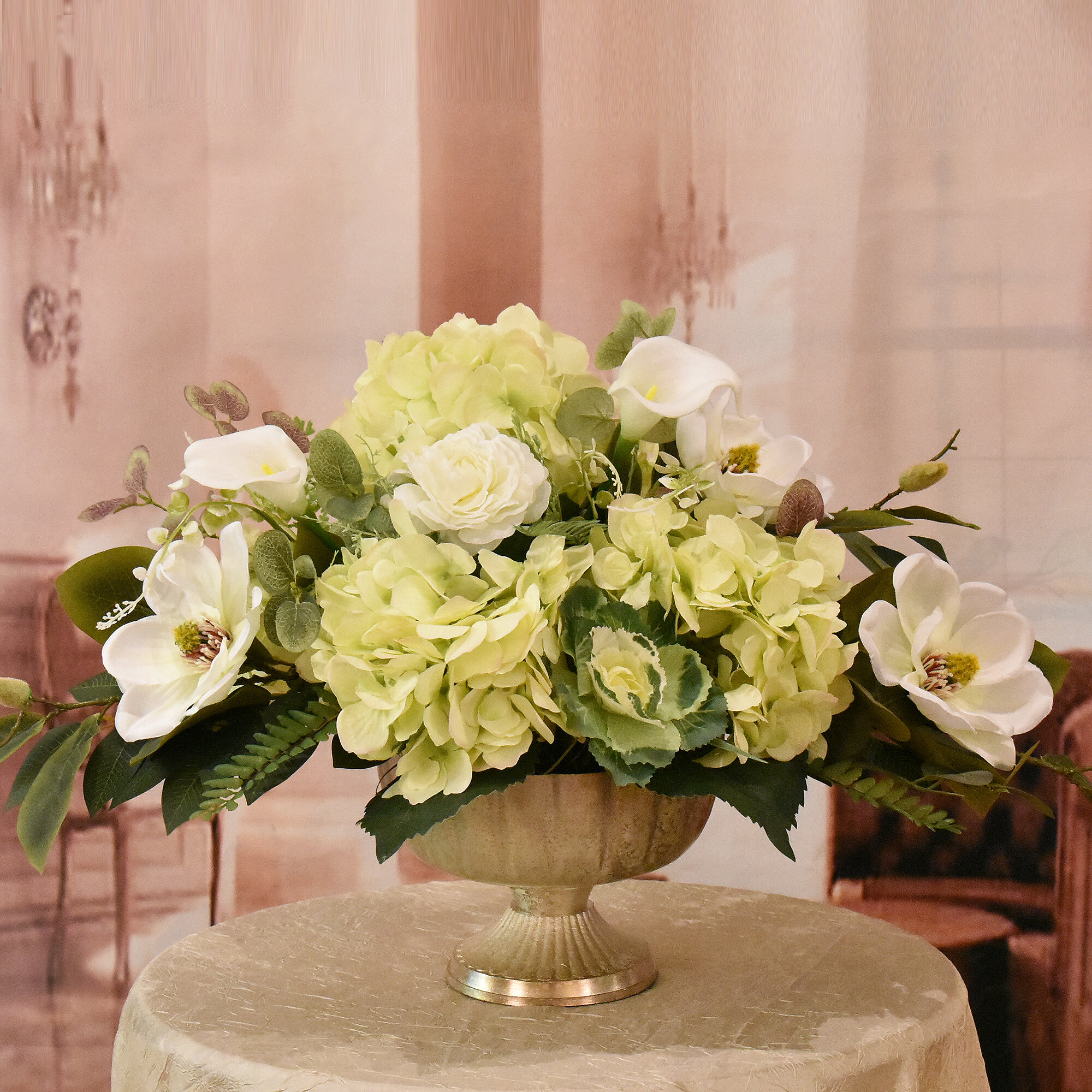 Hydrangea, Magnolia, and Lilies Centerpiece in Vase