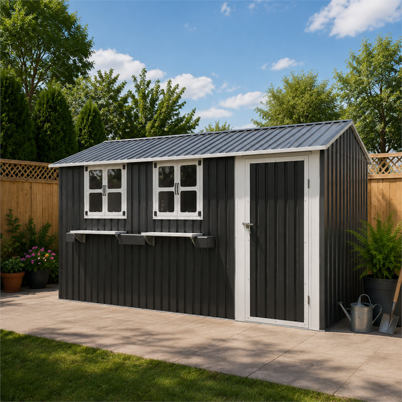 Abri de jardin gris avec fenêtres