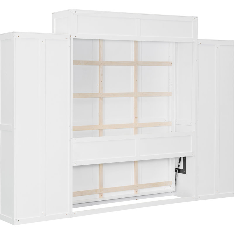 Mur de lit double pleine grandeur avec placard, tiroirs et table - peu encombrant, multifonctionnel pour les petits appartements, les chambres d'amis, le bureau rabattable intégré, le rangement spacieux, la structure pliable du bureau