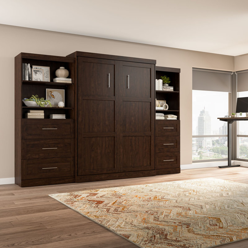 Arlex Murphy Bed with Shelving Units with Drawers, Chocolate, Queen