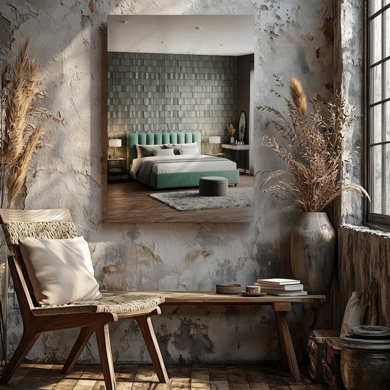 Toile, intérieur de chambre à coucher moderne monochrome avec art mural tapissier moelleux et tête de lit vert pâle