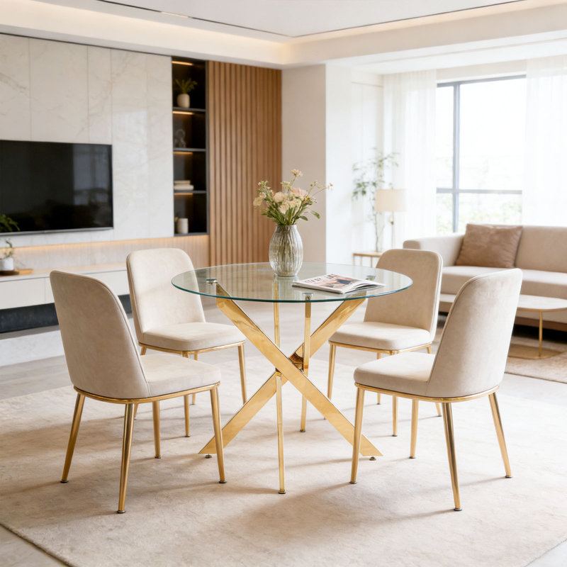 35.43x29.53 Round Glass Dining Table For 4-6 Golden Leg