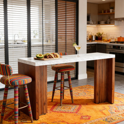 Table de bar spacieuse en faux marbre avec pieds en noyer foncé, largeur 55,12 po, profondeur 19,69 po, parfaite pour le comptoir à café en noyer minimaliste