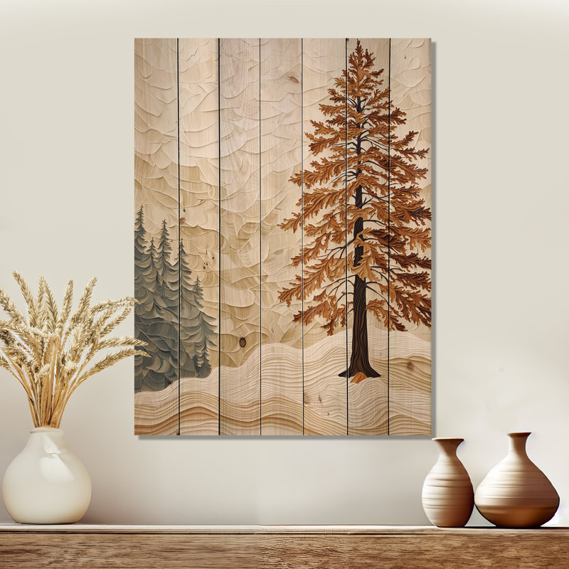Autumn Forest Cedar Tree I - Traditional Wood Wall Art On Natural Pine Wood, 32" H x 24" W x 0.78" D