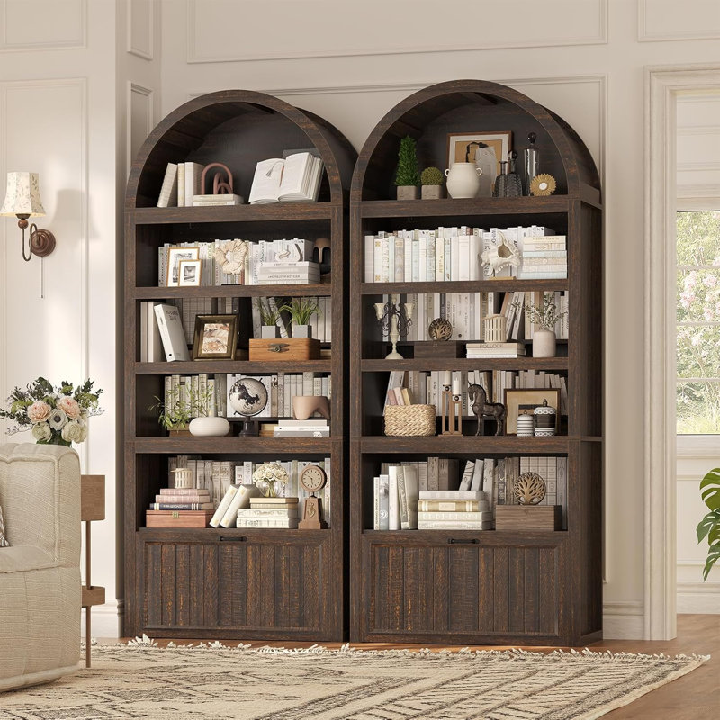 81" Tall Arched Bookshelf, 5-tier Bookcase With Storage Drawer, Walnut, Walnut