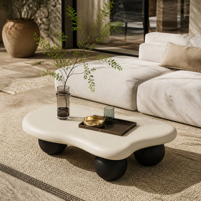 Table basse de 40 pouces en forme de nuage avec 3 pieds sphériques pour le salon, pieds blancs et pieds noirs