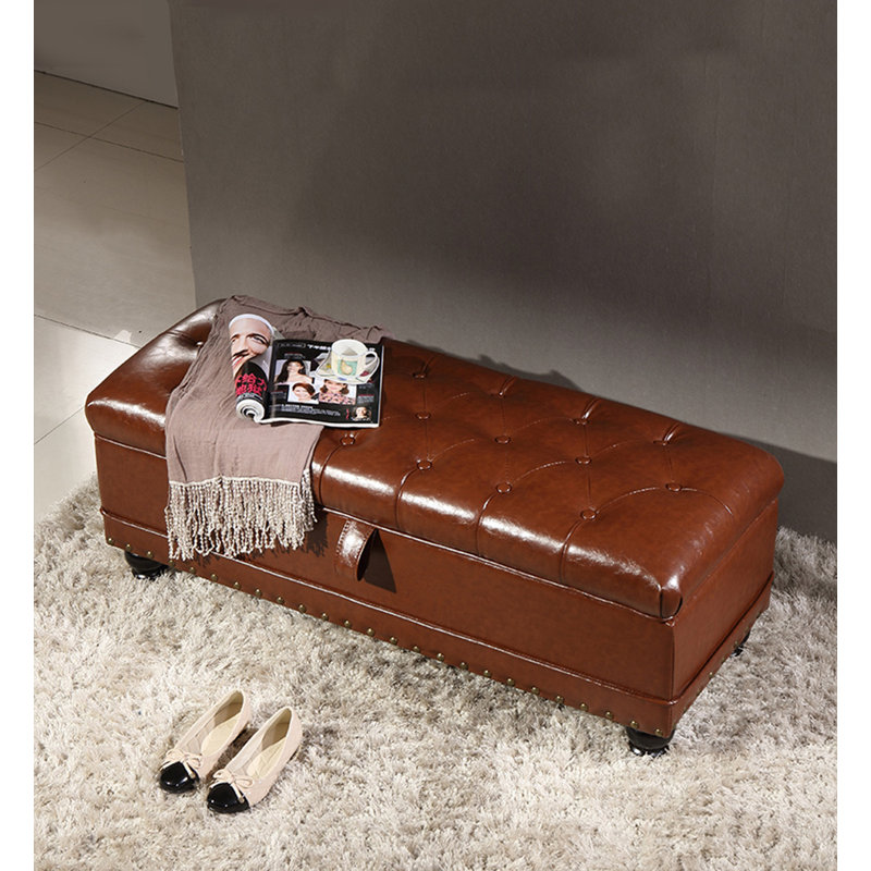European-style faux leather tufted nailhead trim ottoman, Red, 17.2" H x 39.37" W x 17.2" D