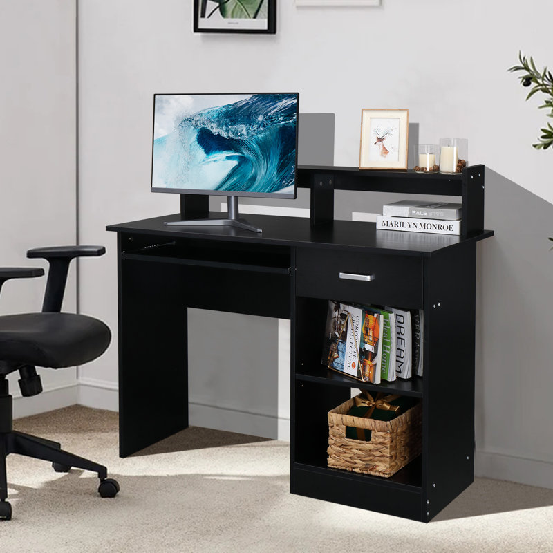 FCH Black 43.31in Particle Board with Embossed Melamine, One Drawer and Two Shelves, with Keyboard Tray, Computer Desk 