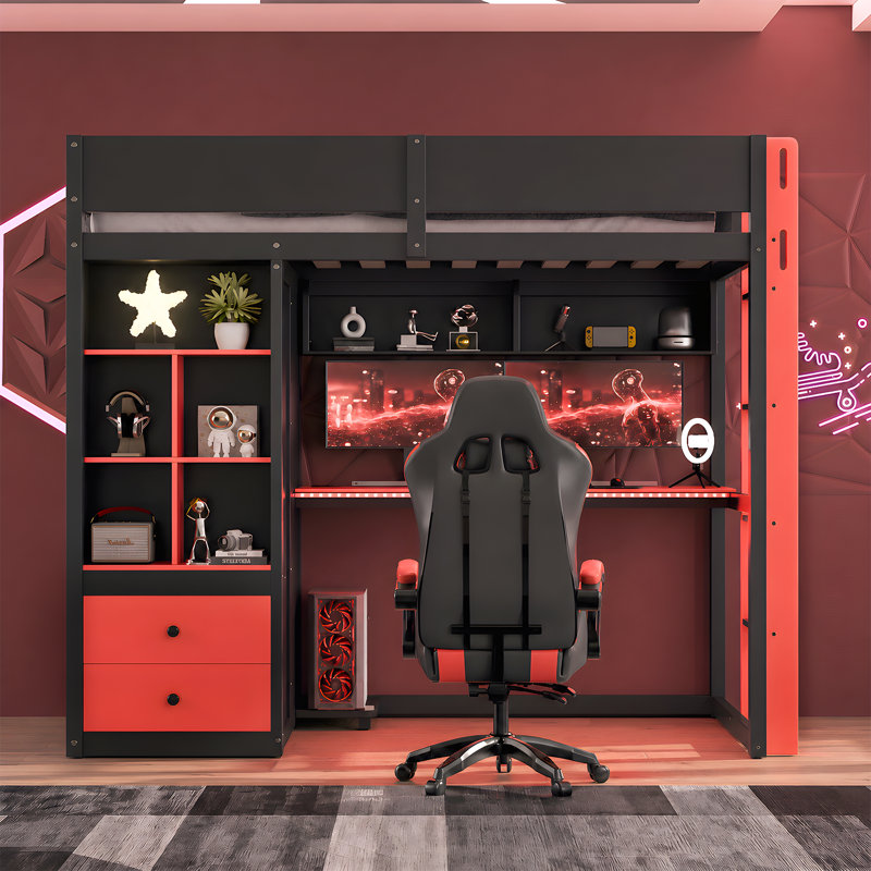 Lit mezzanine simple en bois massif avec bureau, armoire, meuble de rangement, éclairage DEL contrôlé par application et ports USB, noir et rouge