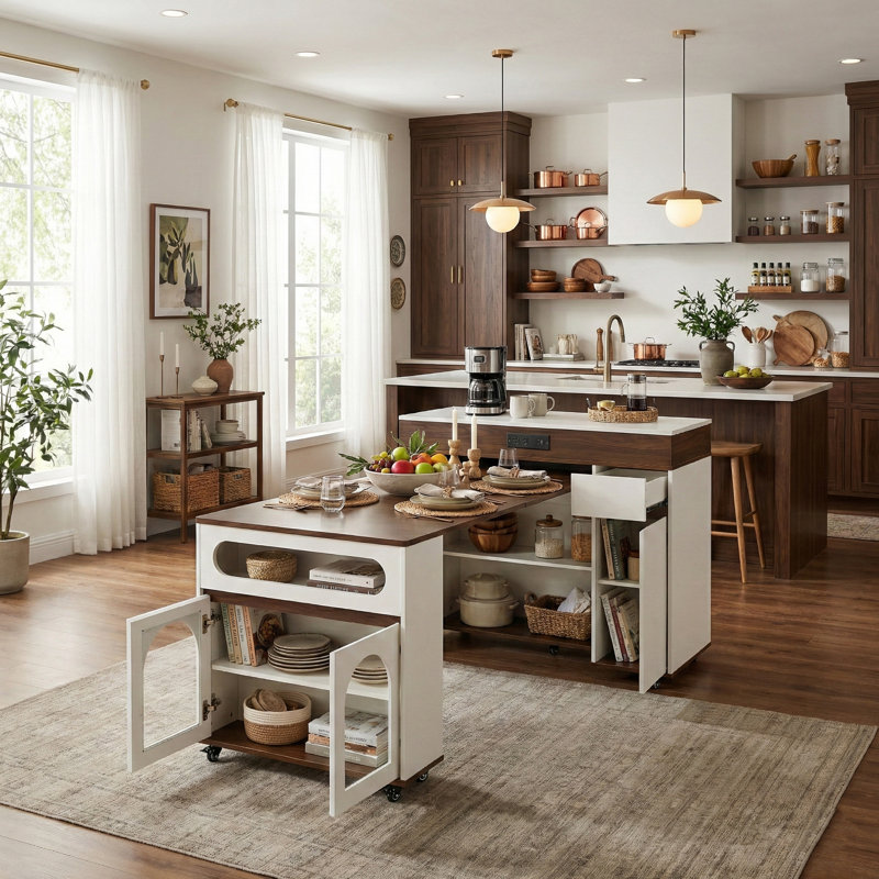 74" Kitchen Island Center With Extendable Drop Leaf Dining Table,Modern Farmhouse Prep Station With Storage, Brown