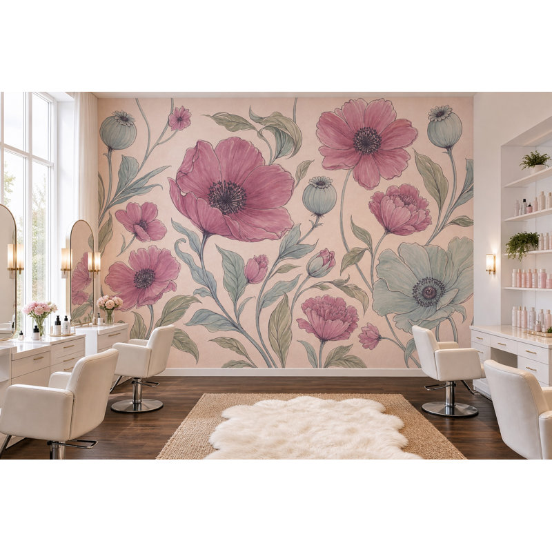 Papier peint fleurs roses, décoration murale rétro amovible, 160 po x 108 po, Non-Woven Nonpasted