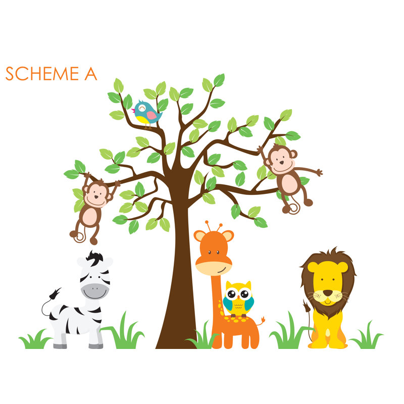 Décalcomanie murale jungle, arbre, giraffe et safari de la chambre d’enfant, Schéma A