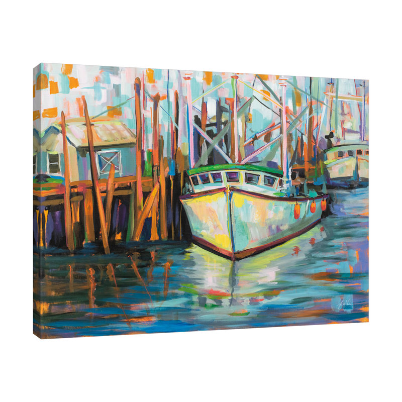 «At the Dock» par Jeanette Vertentes - peinture sur toile tendue, H 24 po x l 30 po x P 1,5 po