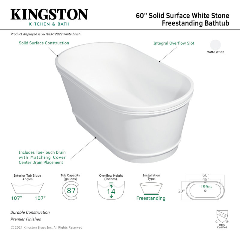 Kingston Brass Arcticstone 60-Inch Solid Surface Oval Double Ended Freestanding Tub with Drain