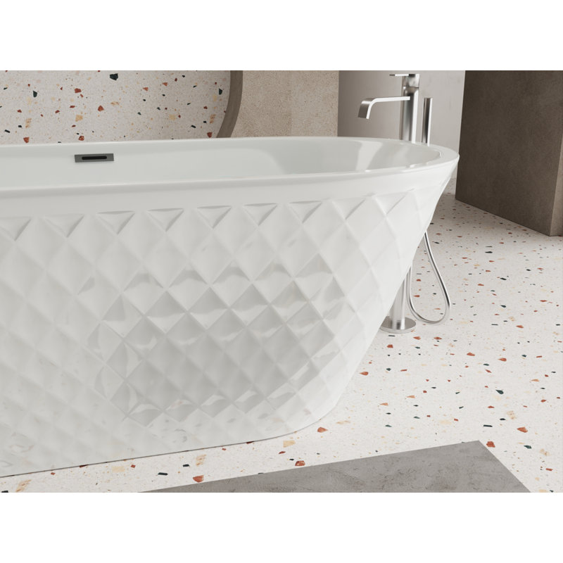 Baignoire autoportante en acrylique 67 po avec motif à losanges, trop-plein chromé, drain escamotable 67 po, longueur 66,9 po