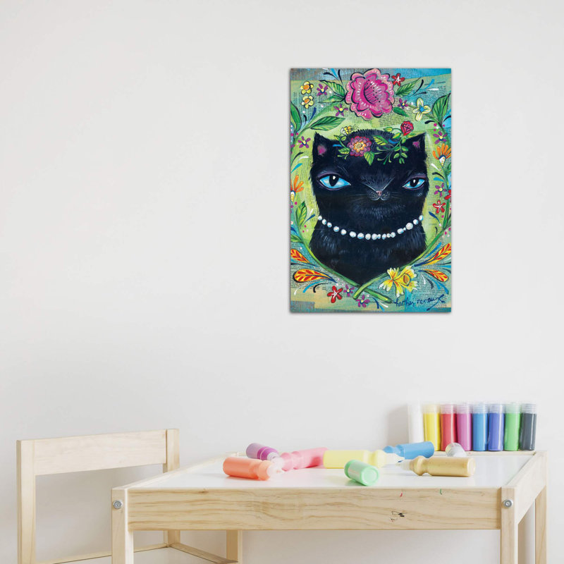 «Black Kitty» par Heather Renaux - reproduction d'art, H 12 po x l 8 po x P 0,75 po, Toile tendue, Pas de tapis