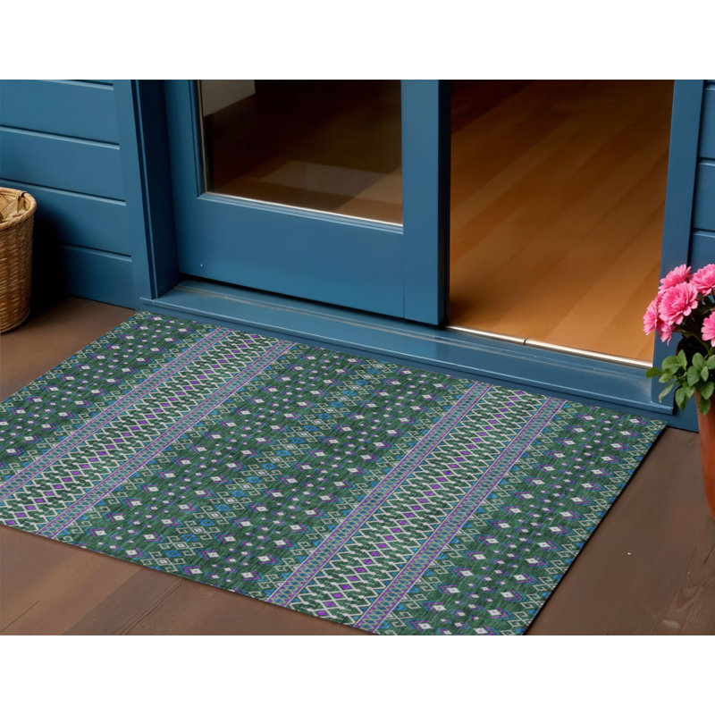 Tapis tribal lavable intérieur / extérieur vert 3 pi x 5 pi bleu