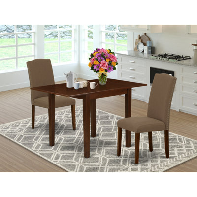 L'ensemble de salle à manger 3 pièces contient une table de salle à manger rectangulaire avec Dropleaf et 2 chaises rembourrées en lin café foncé, 30 x 48 pouces, acajou