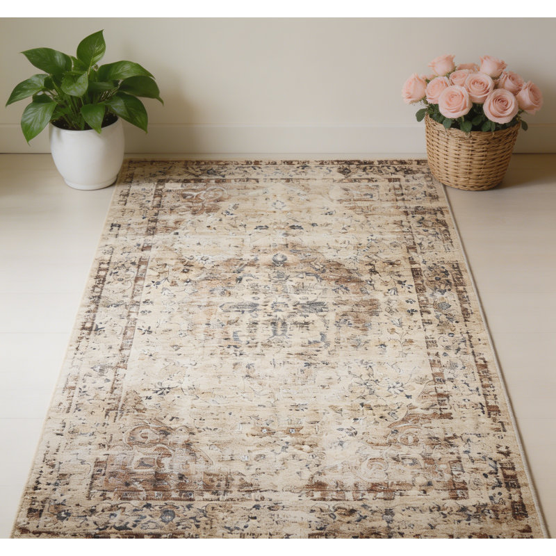 Large Vintage Area Rug 9 x 12 Oriental Distressed Living Room Rug with Non-Slip Backing, Soft Low Pile Indoor Mat, Washable Traditional Floor Cover for Dining Room, Office, Light Camel