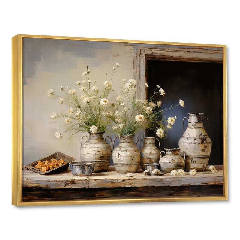 Flower Herbs Farmhouse Still Life, Cadre flottant doré, H 12 po x l 20 po x P 1 po
