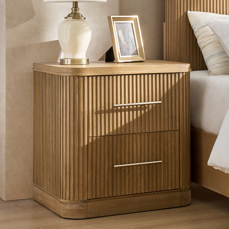Graciana Modern 26''W 2-Drawer Fluted Nightstand with Built-in Power Strip and Minimal Assembly, Natural
