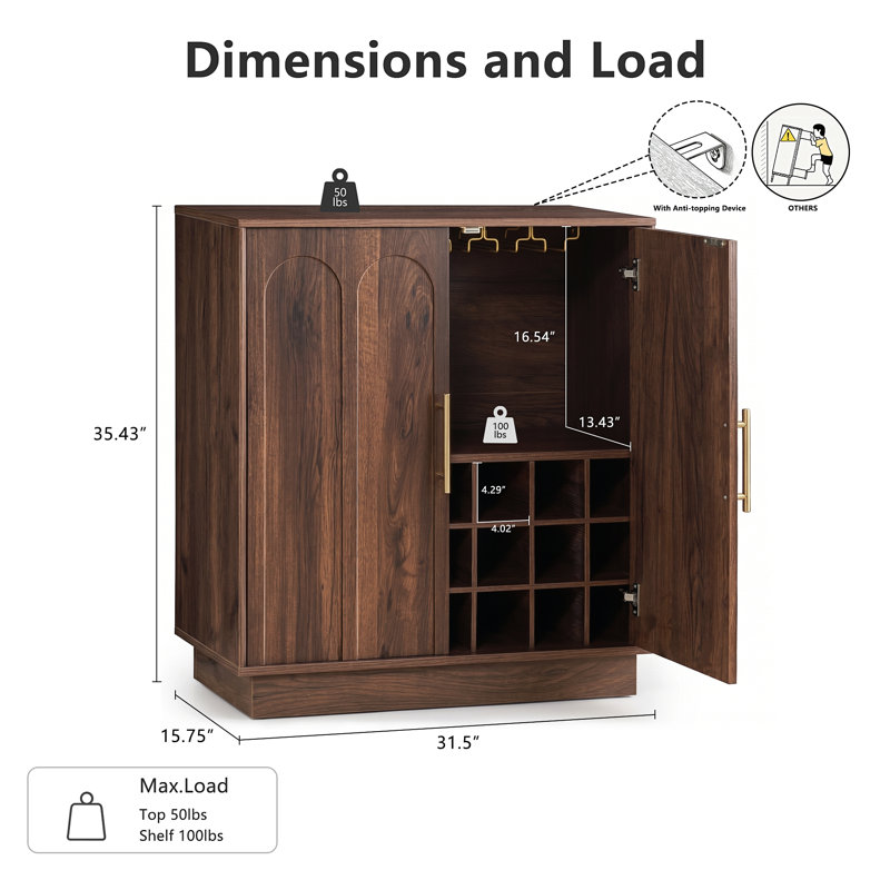 Blairs 31.5" Mid-Century Walnut Sideboard With Arched Doors, Wine Rack & Glass Holder