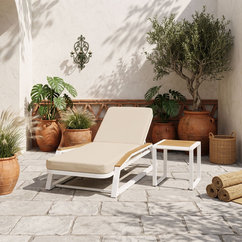 Chaise longue réglable avec coussin et table d'appoint assortie, Cream Teak White