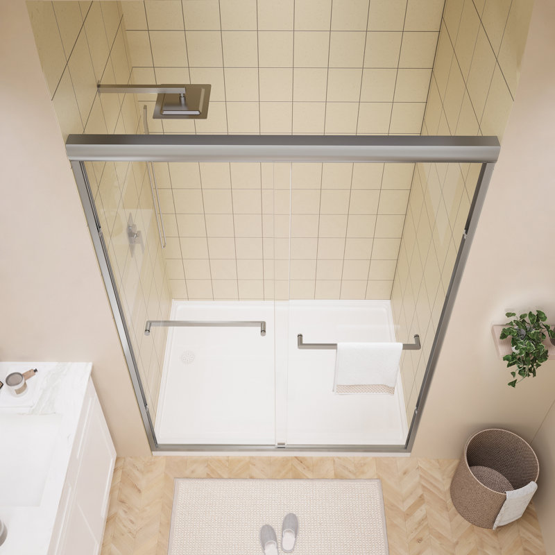 Porte de douche coulissante double encadrée de 46 à 48 po x H 72 po en nickel brossé avec verre trempé transparent, poignées doubles
