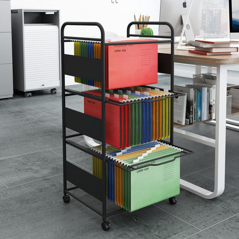 3 Tiers Metal Rolling File Carts With Wheels Hanging Files For Letter Size Movable Pull-Out File Folder Rack Drawer File Cabinet For Home Office