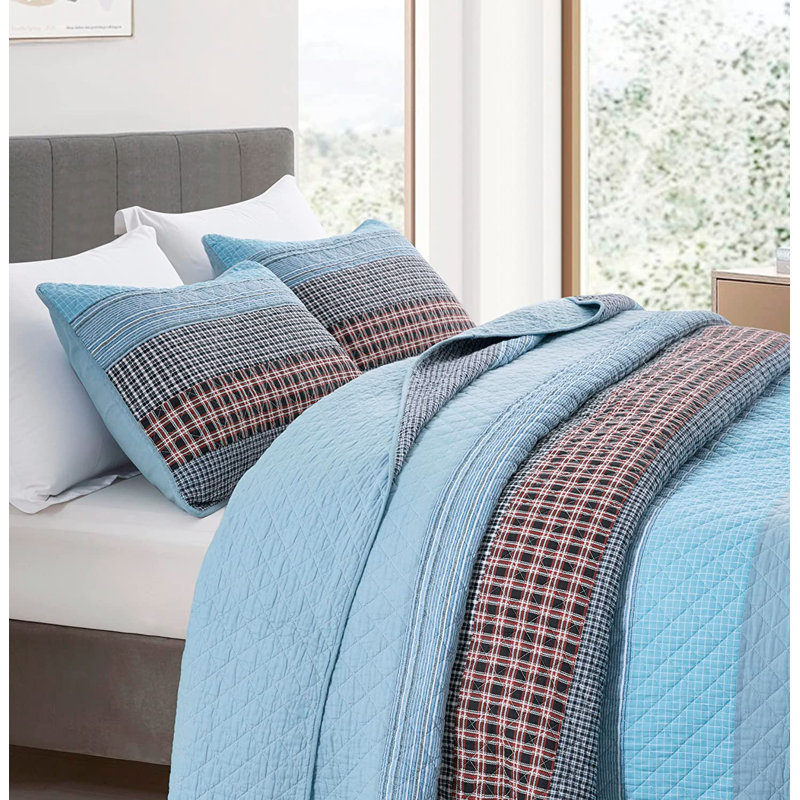 Red/Blue Pre-Washed Cotton Striped Quilt Set, Queen Quilt + 2 Standard Shams