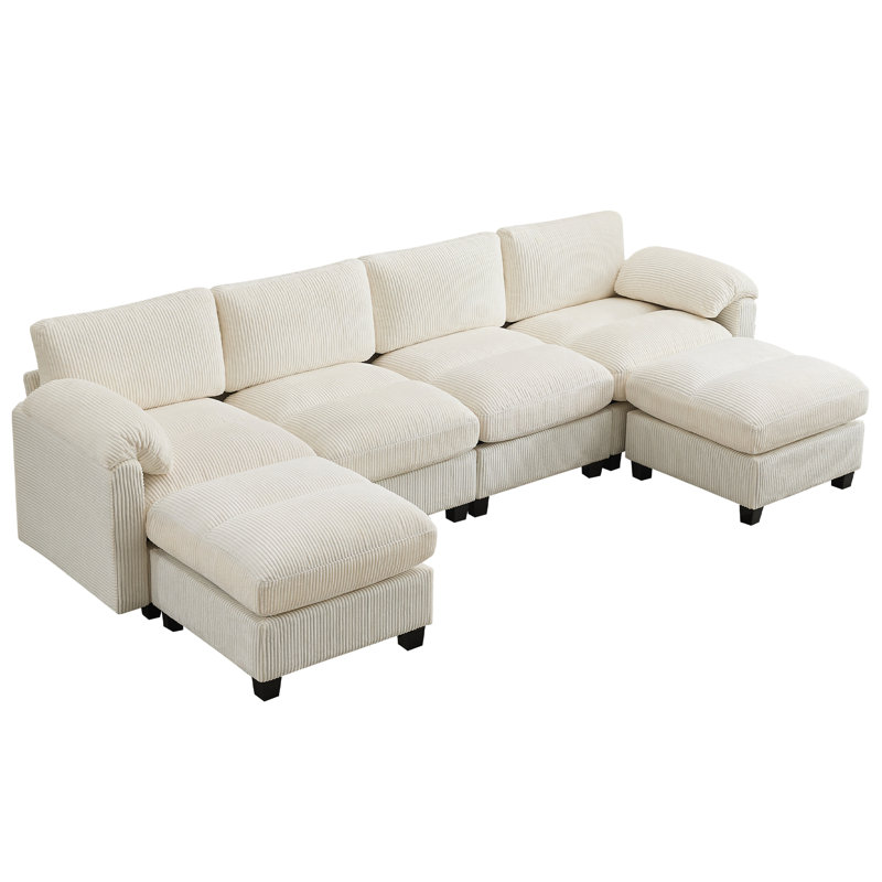 6-Seater Modular Sectional Sofa With 2 Ottomans, Beige Chenille