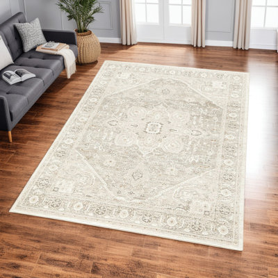 Tapis moyen Wei, motif médaillon d'inspiration persane, gris beige
