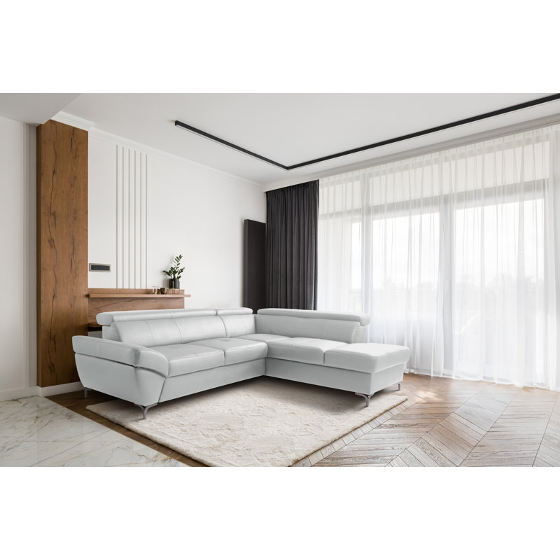 CAPRI Genuine Leather Corner Sofa with Pull-Out Bed and Storage and Adjustable Headrests, Light Grey, Right Hand Facing