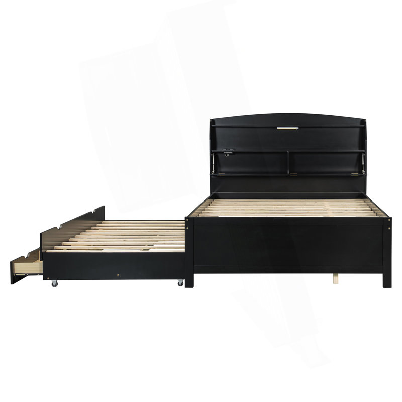 Lit plateforme à DEL avec lit gigogne, tête de lit avec rangement et tiroirs, Lit simple, Espresso