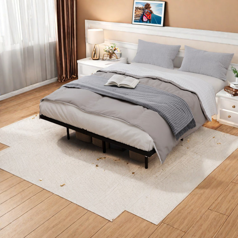 Grands lits robustes, structure en métal avec rangement, style moderne pour la chambre à coucher