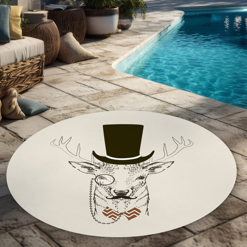 Aristocrat Roe Deer Beige Rustic Round Outdoor Area Rug